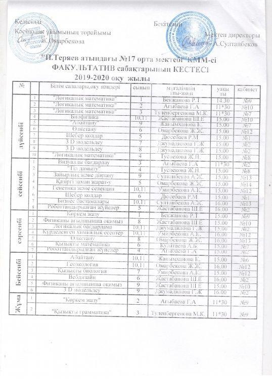 Расписание вариативных уроков на 2019-2020 учебный год